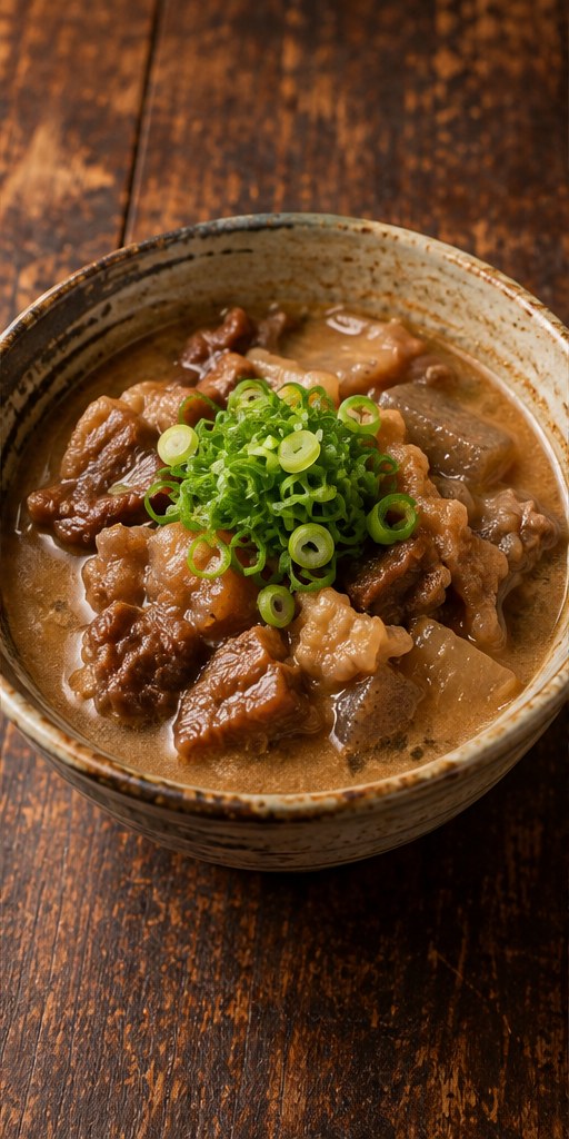 白味噌で煮込んだ牛すじのどて焼きのイメージ（AI生成）